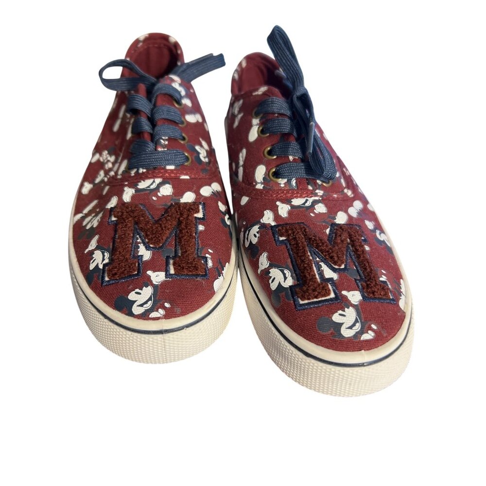 Mickey Mouse Disney Burgundy Canvas Sneakers Shoes With "M" Patch Size 9 NWOT